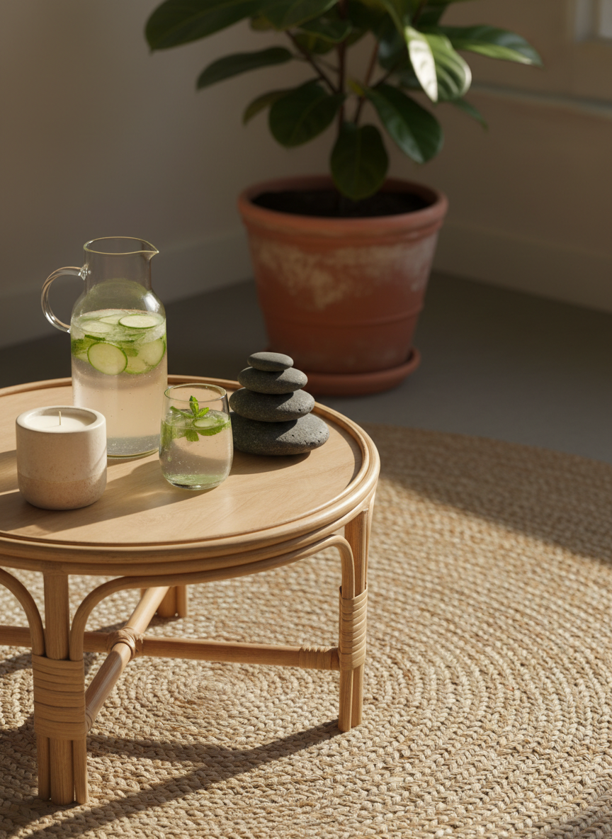 A serene corner dedicated to restorative balance, featuring a low, natural rattan side table set on a woven jute rug. On the table sits a clear glass carafe of infused water with floating cucumber slices and mint leaves, beside a frosted glass tumbler partially filled. A stack of smooth, dark basalt stones is carefully balanced nearby, and an unlit, ivory soy candle in a matte ceramic holder adds subtle texture. A large leafy plant in a clay pot fills the softly blurred background. Late-afternoon golden light filters in from the right, creating warm highlights on the glass and gentle shadows across the rug. Photographic realism with a slightly elevated angle and rule-of-thirds composition. The atmosphere is calm, grounded, and inviting, embodying the idea of everyday rituals that restore natural harmony.