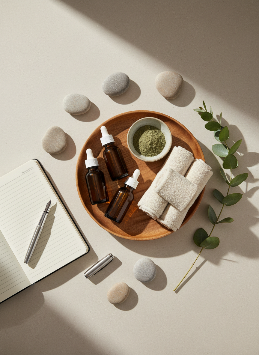 A meticulously arranged flatlay of natural wellness elements on a smooth, pale stone surface. At the center lies a round wooden tray holding amber glass dropper bottles, a small ceramic bowl of herbal powder in muted green, and neatly stacked, cream-colored cotton towels. Around the tray are polished river stones, a sprig of fresh eucalyptus, and an open lined journal with a fountain pen resting across it. Soft morning light enters from the left, creating gentle, elongated shadows and subtle highlights on the glass and stone. Photographic realism with a clean, modern aesthetic, shot from a directly overhead, bird’s-eye view with sharp focus throughout, conveying balanced harmony, clarity of thought, and a calm, professional atmosphere suited for a natural wellness blog.