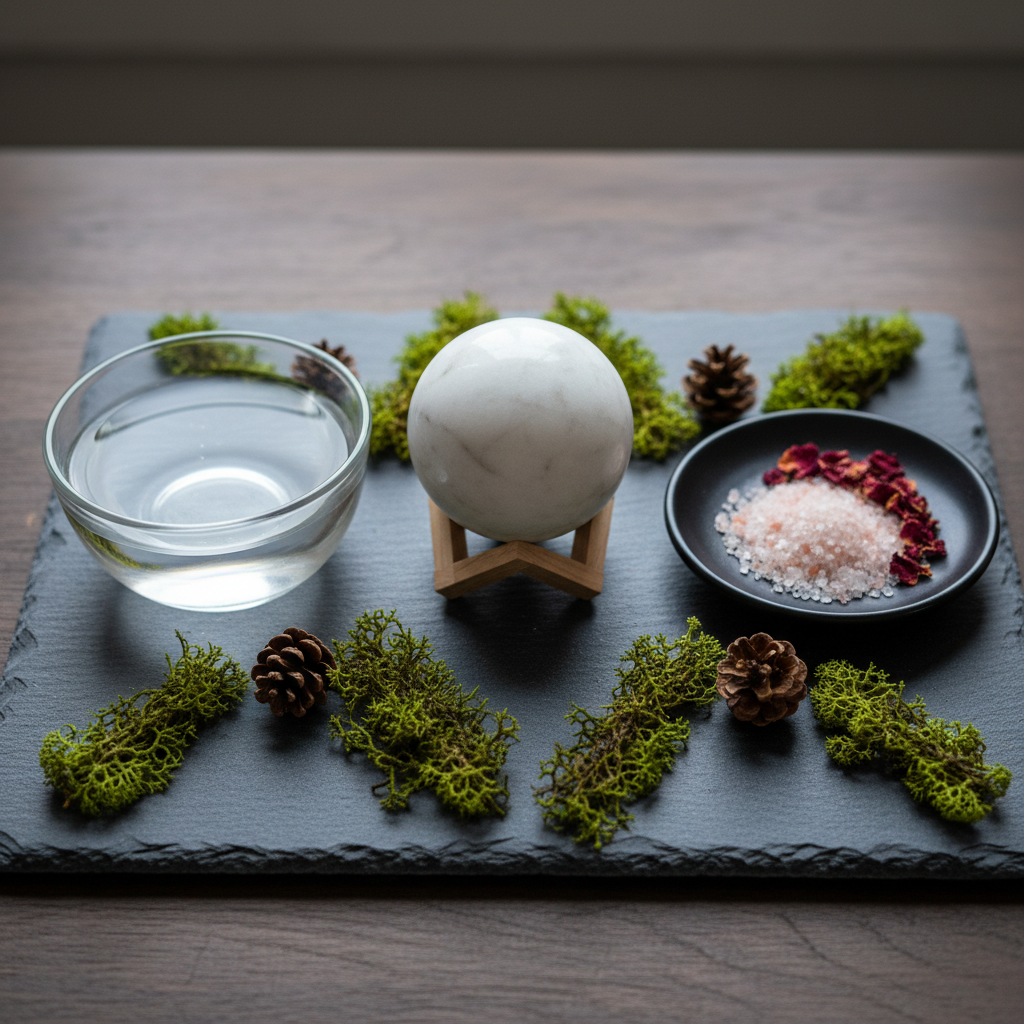 A close-up, photographic-realistic scene of a balanced nature altar on a slate slab, emphasizing elemental harmony. At the center, a perfectly round, white marble sphere rests on a small wooden stand, flanked by a clear glass bowl of water and a shallow black ceramic dish holding a pinch of Himalayan salt and dried rose petals. Surrounding them are tiny sprigs of moss and miniature pine cones, arranged with deliberate symmetry. The background fades into a softly blurred, dark wooden surface. Soft, diffused overcast light from an unseen window illuminates the arrangement from above, creating a serene, even glow and faint reflections on the marble and glass. Captured from a slightly elevated angle, the composition is symmetrical, calm, and meditative, conveying inner alignment and natural order.