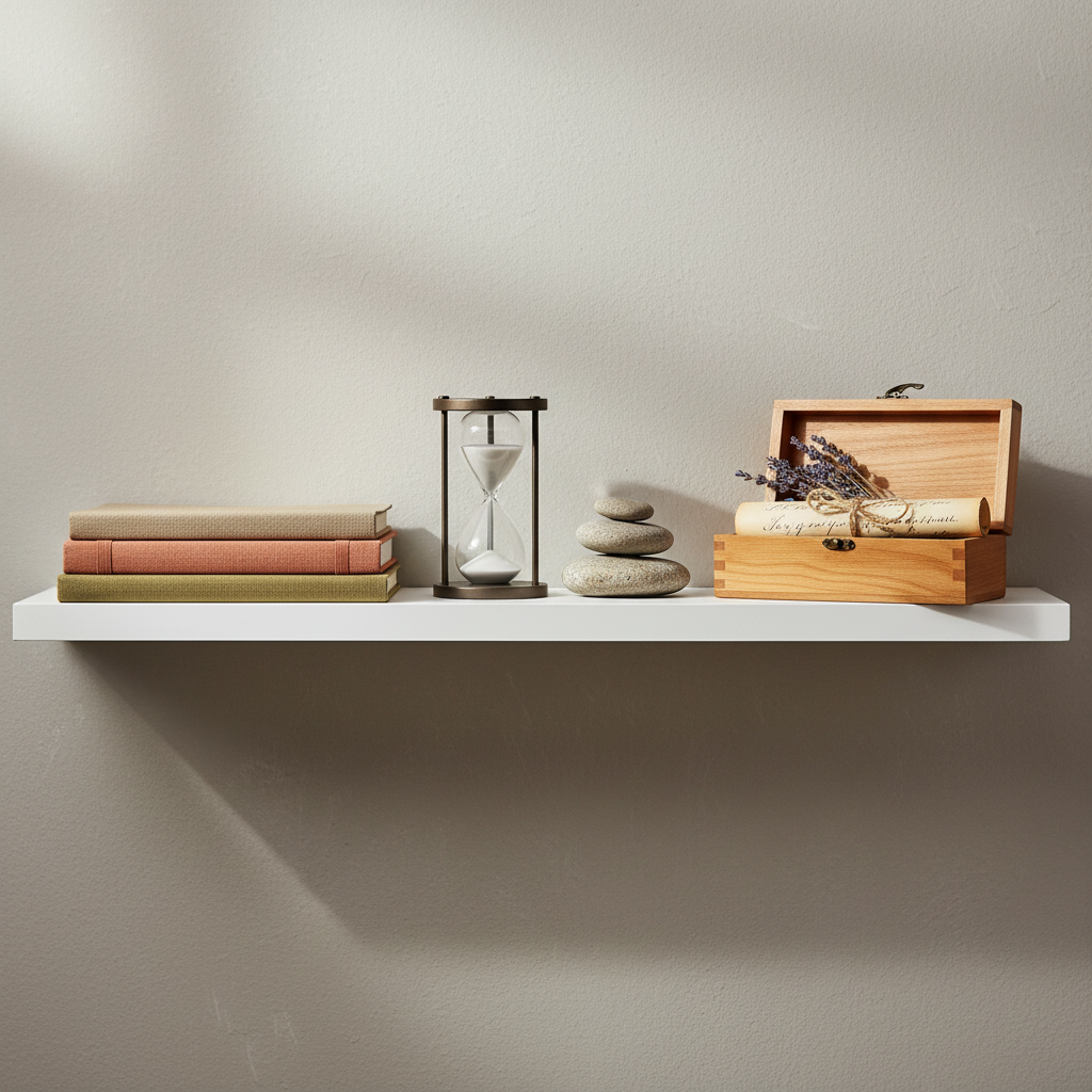 An organized shelf vignette symbolizing a holistic mind, featuring neatly arranged natural objects and carefully curated wellness tools. On a matte white floating shelf rest linen-bound notebooks in muted earth tones, a sand-filled hourglass with black metal frame, and a cluster of rounded river stones stacked with precision. A small wooden box with a smooth, oiled finish sits open, revealing dried lavender sprigs and a rolled parchment label. The wall behind is a warm, soft gray, subtly textured. Indirect, diffused daylight from above and the left creates gentle gradients of light and shadow, emphasizing texture without harsh contrast. Photographic realism with a straight-on, eye-level shot and moderate depth of field, keeping all shelf elements crisp. The atmosphere is contemplative, orderly, and professional, representing mental restructuring, reflection, and balanced time management.