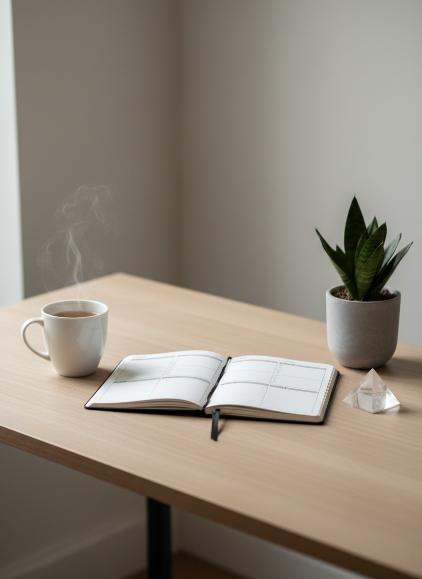 A minimalist workspace dedicated to holistic planning, featuring a light oak desk with a matte finish, free of clutter. At the center rests an open planner with neatly printed weekly layouts, flanked by a smooth white ceramic mug of herbal tea emitting faint steam and a small potted snake plant in a textured concrete pot. A single, polished crystal sits near the planner, catching light. Behind, a neutral-toned wall is softly blurred. Natural daylight from a nearby unseen window bathes the scene in diffused brightness, casting gentle shadows. Photographic realism, eye-level composition with a shallow depth of field keeping the planner and tea in crisp focus. The mood is composed, intentional, and professional, evoking mental clarity, balanced living, and thoughtful habit formation.