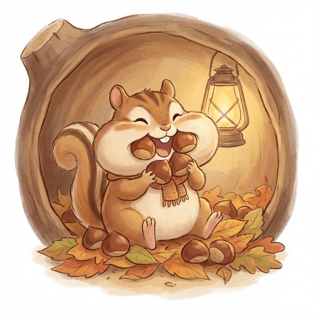 Happy chipmunk with cheeks full of acorns sitting in a cozy, lantern-lit hollow log.